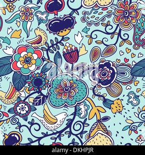 Vettore seamless floral pattern con piante fatasy,fiori e uccelli Illustrazione Vettoriale