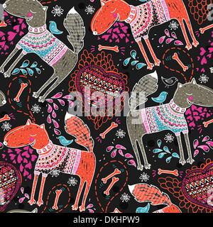 Vector seamless pattern con cani divertenti e cuori di maglia Illustrazione Vettoriale