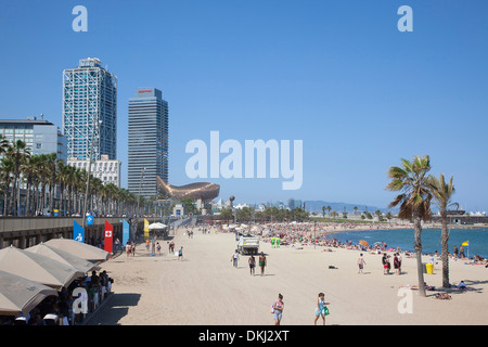 In Spagna, in Catalogna, Barcellona, Barceloneta, Playa de Sant Sebastia, vista lungo la spiaggia verso Port Olimpic. Foto Stock