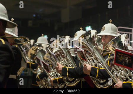 Earls Court, Londra, UK, 6 dicembre 2013. Le prove hanno avuto luogo a Earls Court, Londra, per il 2013 la British torneo militare un giorno prima della mostra aperta al pubblico. Cammelli, RAF Band & the Royal segnali' White caschi sono tra i punti salienti di questo evento annuale. Credito: Lee Thomas/Alamy Live News Foto Stock