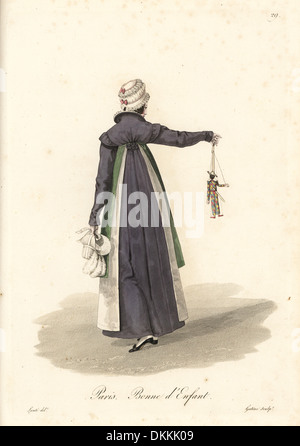 Bambino la cameriera, Parigi, inizio 19thC, trasporta un bambino e del cofano burattino. Foto Stock