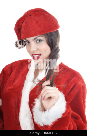 La donna a Santa Claus costume su sfondo bianco Foto Stock