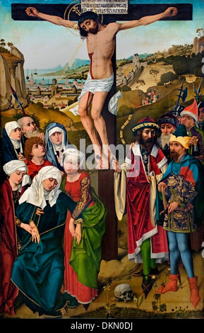 Crocifissione dall'altare di Hof di Hans Pleydenwurff 1465 pittura d'arte gotica tedesca storica Gesù Cristo sulla croce Maria in lutto Foto Stock