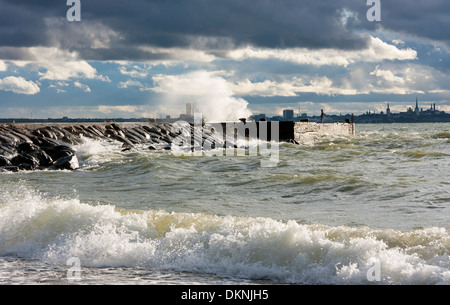 Pontile o molo in una e tempestoso mare turbolento in un cupo ma giornata di sole. La silhouette della città di Tallinn in background. Foto Stock