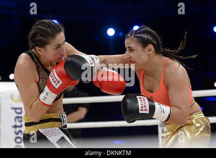 Stuttgart, Germania. Il 7 dicembre, 2013. Italia di Simona Galassi combatte la Germania WBA campione del mondo di pugilato leggero, Susi Kentikian (R) alla Porsche Arena di Stoccarda, Germania, 7 dicembre 2013. Foto: Daniel Maurer/dp/dpa/Alamy Live News Foto Stock