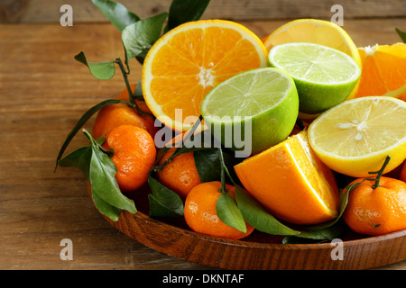 Diversi tipi di agrumi (arancione, calce, limone, mandarino) Foto Stock