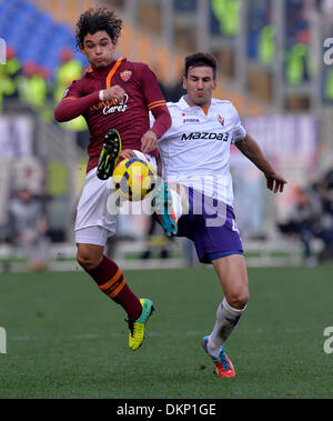 Roma, Italia. Il 9 dicembre, 2013. Come Roma's Pires Ribeiro JosRodolfo Dodo (L) vies con la Fiorentina di Nenad Tomovic durante il campionato italiano di una partita di calcio allo stadio Olimpico di Roma, Italia, Dicembre 8, 2013. Come Roma ha vinto la partita 2-1. Credito: Alberto Lingria/Xinhua/Alamy Live News Foto Stock