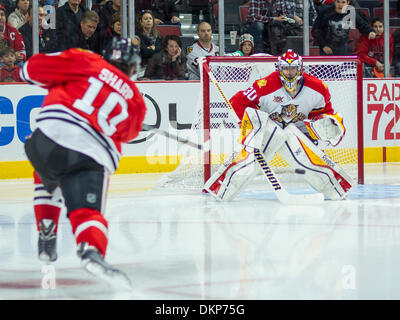 Chicago, IL, Stati Uniti d'America. L'8 dicembre, 2013. 8 dicembre 2013 - Chicago, IL, Stati Uniti d'America - Dicembre 08, 2013: Chicago, Illinois, Stati Uniti - Blackhawk #10 Patrick Sharp tenta un colpo su Panther Goaltender #30 Scott Clemmensen durante la National Hockey League tra Chicago Blackhawks e Florida Panthers presso la United Center di Chicago, IL. © csm/Alamy Live News Foto Stock