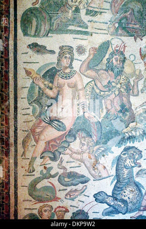 Roman pavimento a mosaico, Villa Romana del Casale di Piazza Armerina, SICILIA, ITALIA Foto Stock