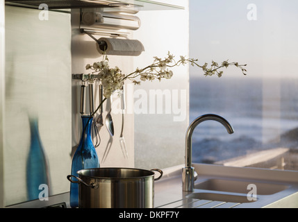 Fiori in bottiglia sul bancone cucina con vista sull'oceano Foto Stock