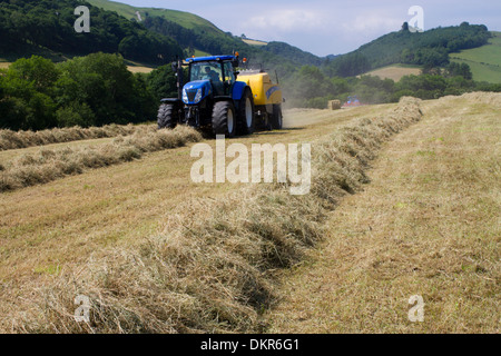 Imprenditore con un New Holland T7040 il trattore e a New Holland di grandi presse per balle quadrate pressatura di fieno su di una azienda agricola biologica. Foto Stock