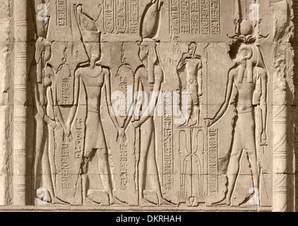 Antico rilievo Chnum tempio in Egitto in un ambiente soleggiato Foto Stock