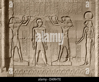Antico bassorilievo in pietra a Chnum tempio in Egitto in un ambiente soleggiato Foto Stock