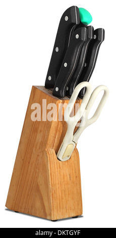 Set di coltelli da cucina e Clippers in un rack in legno Foto Stock