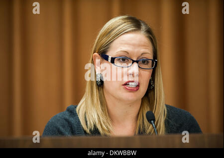 Tucson, Arizona, Stati Uniti. Il 9 dicembre, 2013. Sost. KYRSTEN SINEMA (D-Ariz.) parla di un campo audizione di Tucson, in Arizona Assemblea soci dell emisfero occidentale sottocomitato, sotto la commissione per gli affari esteri, ha tenuto una audizione del campo di Tucson, in Arizona circa i modi per migliorare il commercio transfrontaliero con il Messico. I testimoni hanno testimoniato che il valico di frontiera di volte sono sia inaccettabile e che ne ostacolano lo sviluppo economico. Credito: Sarà Seberger/ZUMAPRESS.com/Alamy Live News Foto Stock