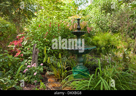 Spettacolari e lussureggianti sub-tropicale giardino con fontana decorativa acqua caratteristica, fogliame color smeraldo, arbusti e piante perenni Foto Stock