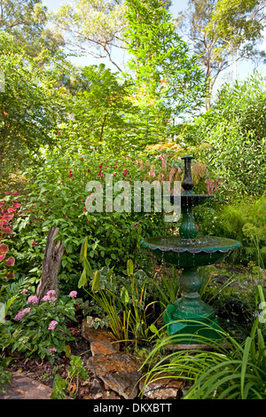 Lussureggiante giardino sub-tropicale con fontana decorativa / acqua caratteristica circondata da fogliame color smeraldo, arbusti e piante perenni Foto Stock