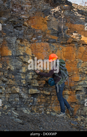 Geologo femmina esaminando Marcello shale, vicino a Marcello New York, fonte di gas naturale e oggetto di polemica fracking Foto Stock