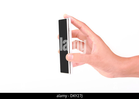 Visualizza smart phone si estendono isolati su sfondo bianco Foto Stock