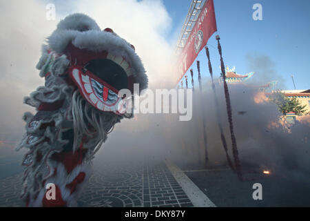 Feb 28, 2010 - Los Angeles, California, Stati Uniti d'America - Lion ballerina esegue come esplodere petardi durante le cerimonie di apertura della trentaduesima petardo annuale eseguito su Febbraio 28, 2010 a Los Angeles Chinatown. (Credito Immagine: © Ringo Chiu/ZUMA Press) Foto Stock