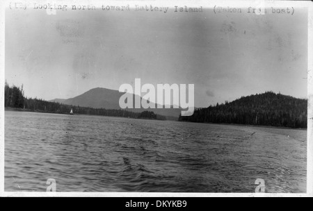 L'immagine raffigura il porto di Wrangell in Alaska, preso da una barca e guardando a nord verso Battery Island. La fotografia cattura la bellezza panoramica e l'ambiente marittimo di questa località dell'Alaska. Foto Stock