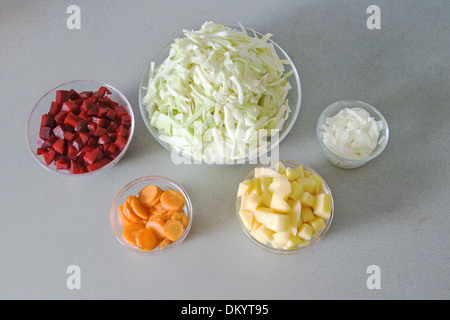 5 ciotole con un trito di verdure, ingredienti per la zuppa di verdure Foto Stock