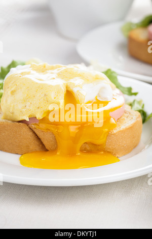 Uova Benedict close up sulla piastra bianca, serve table Foto Stock