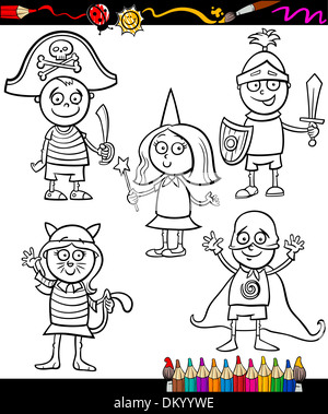 Libro da colorare o pagina Cartoon illustrazione Set di bianco e nero carino bambini piccoli personaggi in costume a sfera Foto Stock