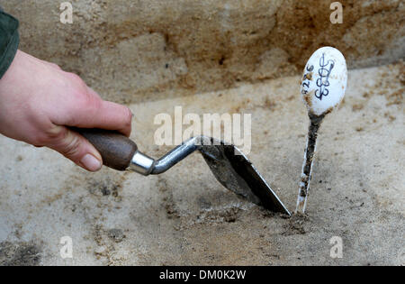 Potsdam, Germania. Decimo Dec, 2013. Archeologo Evelyn Steffens lavora presso un sito di scavo sui terreni di un ex giardino del mercato a Potsdam, Germania, 10 dicembre 2013. I resti ben conservati di circa 40 case dal tempo dell'Impero Romano furono scoperti finora. Il sito di scavo è di circa 30.000 metri quadri di grandi dimensioni. Foto: Ralf Hirschberger/dpa/Alamy Live News Foto Stock