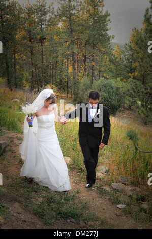Sposa e lo sposo all'aperto a piedi il percorso verso il basso. Foto Stock