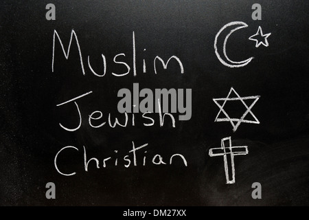 Primo piano di una lavagna con musulmani, ebrei e cristiani scritto su di esso in gesso. Foto Stock