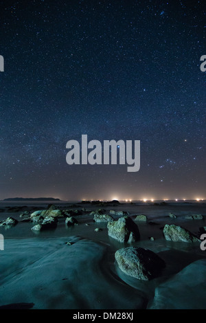 Una notte stellata con la costellazione di Orione sulla baia del Bengala da Ngapali, Rakhaing, Myanmar (Birmania) Foto Stock