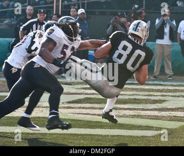 Jan 02, 2010 - Oakland, la California, Stati Uniti - Oakland Raiders vs Baltimore Ravens presso Oakland-Alameda County Coliseum Domenica, 03 gennaio, 2010, Oakland Raiders manualmente l'estremità Zach Miller n. 80 rende touchdown con Baltimore Ravens linebacker Ray Lewis #52 appeso. (Credito Immagine: © Al Golub/ZUMApress.com) Foto Stock