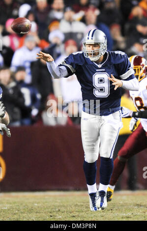 FedEx Field, Landover, Maryland. .Dallas Cowboys quarterback Tony Romo (9),  in game action during NFL prime-time Sunday night football between the Dallas  Cowboys and Washington Redskins. This being the last home game