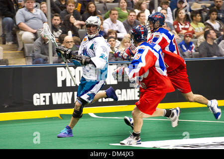 Rochester Knighthawks avanti John Grant #24 guarda per un passaggio di uscita tra due Toronto Rock i giocatori in azione di gioco durante la seconda metà del gioco della NLL lacrosse gioco tra il Rochester Knighthawks e il Toronto Rock ha suonato presso la Air Canada Centre di Toronto, Ontario.La roccia di Toronto ha vinto 17-3. (Credito Immagine: © Nick Turchiaro/Southcreek globale/ZUMApress.com) Foto Stock