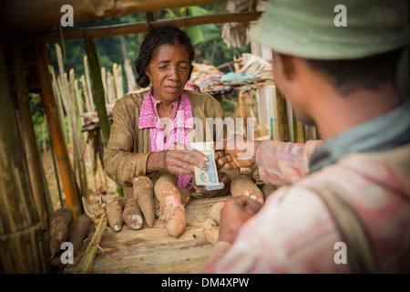 L'uomo acquisto di radice di manioca in un mercato di Fenerive Est del Madagascar. Foto Stock