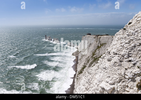 Ampio angolo di visione verso il basso il chalk cliffs verso gli aghi sull'Isola di Wight, England, Regno Unito Foto Stock