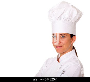 Lo chef femmina isolati su sfondo bianco Foto Stock