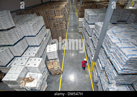 Noi del dipartimento dell'agricoltura alimentare ispettore di sicurezza esamina una spedizione di carne congelata importata nel porto di New Orleans Novembre 21, 2013 a New Orleans, LA. Foto Stock