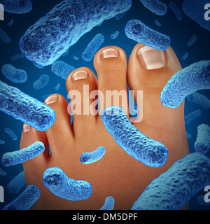 Piedi i batteri che causano malattia un puzzolente odore con una chiusura del corpo umano che mostra le dita dei piedi con blue infezione batterica pericolo Foto Stock