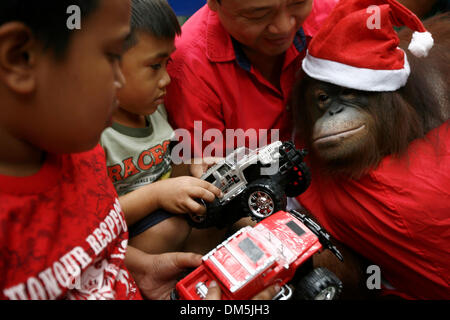 Malabon City, Filippine. 12 Dic, 2013. Un Orango Tango a Santa Claus costume presenta dà ai bambini durante un dono attività di distribuzione a Malabon Zoo di Malabon City, Filippine, Dic 12, 2013. Lo zoo ha consegnato presenta ai bambini di visitare lo zoo e offerto l'ingresso gratuito alle vittime del tifone super Haiyan. Credito: Rouelle Umali/Xinhua/Alamy Live News Foto Stock