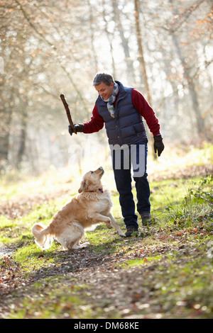 L'uomo gettando Stick per il cane a camminare attraverso boschi di autunno Foto Stock