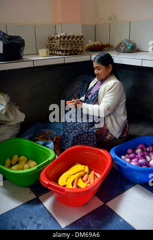 Cuocere a lavorare nella cucina di un convitto, Carmen Pampa, Yungas, Dipartimento di La Paz in Bolivia Foto Stock