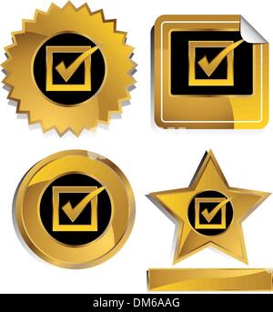 Etichetta oro Set con segno di spunta Illustrazione Vettoriale