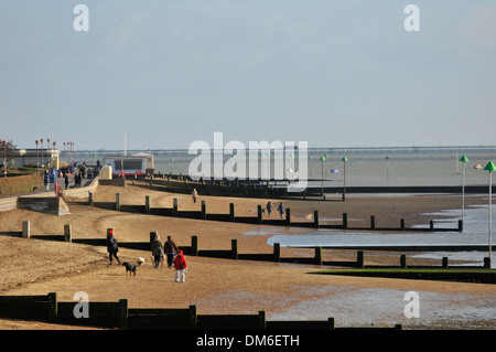 Per coloro che godono di una passeggiata lungo la spiaggia a Westcliff in Essex Foto Stock