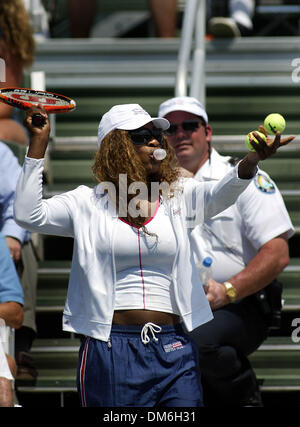 Apr 23, 2005; Delray Beach, FL, Stati Uniti d'America; durante una pausa in Lindsay Davenport-Eveline Vanhyfte's corrispondono, feriti SERENA WILLIAMS esce a colpire un paio di palle di ventole in gabbie a Delray Centro Tennis Sabato, 23 aprile 2005. La donna della Fed Cup team stava giocando il Belgio nei quarti di finale. Credito: foto di Chris Matula/Palm Beach post/ZUMA premere. (©) Copyright 2005 b Foto Stock