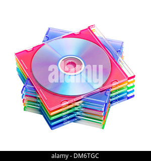 Una pila di DVD colorati in scatole isolate su sfondo bianco Foto Stock