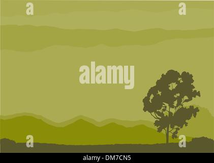 Un albero solitario in un paesaggio surreale, vettore. Illustrazione Vettoriale