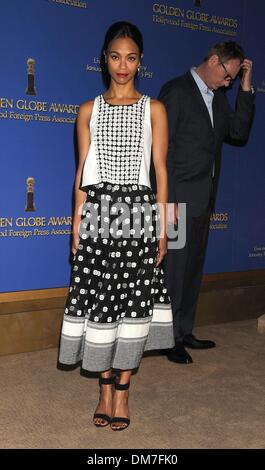 Beverly Hills, CA, Stati Uniti d'America. 12 Dic, 2013. Dic 12, 2013 - Beverly Hills, CA, Stati Uniti - attrice Zoe Saldana al 2014 Golden Globe Nomination annuncio presso il Beverly Hilton Hotel di Los Angeles. Credito: Paolo Fenton/ZUMAPRESS.com/Alamy Live News Foto Stock