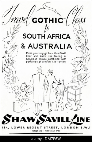 Anni Cinquanta la pubblicità. Vintage originale annuncio rivista annuncio per SHAW SAVILL LINE viaggio in Australia e Sud Africa. Foto Stock